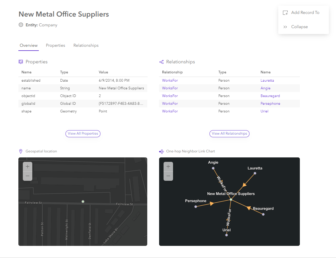 the overview of a selected entity in the knowledge graph view