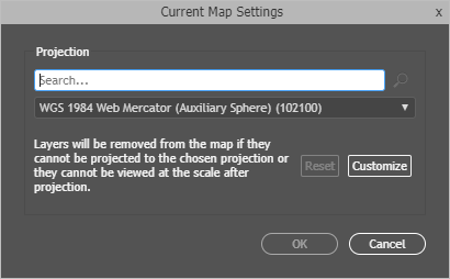 Current Map Settings window showing the Projection setting