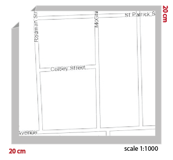 Adjusted initial map extent to include neighborhood at same 1:1000 scale with increased output size of 20 centimeters to accommodate