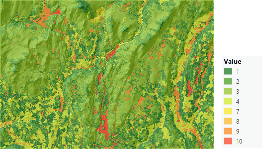 Map of the transformed land use values